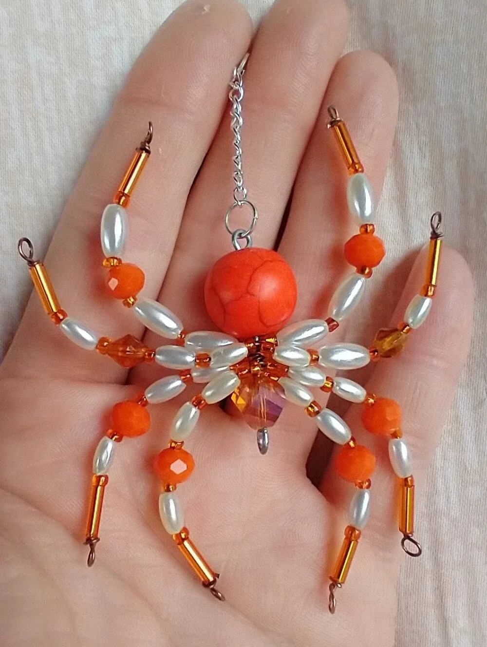 Handmade Orange & White Beaded Spider Pendant